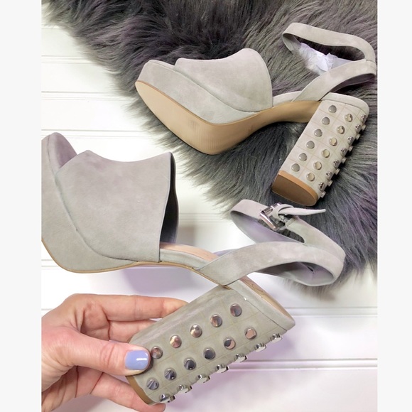 Gray Suede Studded Block Strappy Heels - Picture 3 of 7